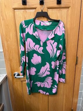 DVF Green Pink Floral-Print Tunic Silk Dress Preppy Country Club Old Money 10